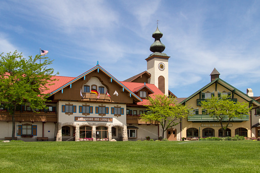 Frankenmuth, Michigan, USA - June 30, 2020: Exterior of the Bavarian Inn Lodge in the downtown district of the popular tourist town of Frankenmuth empty and closed during the Coronavirus pandemic.