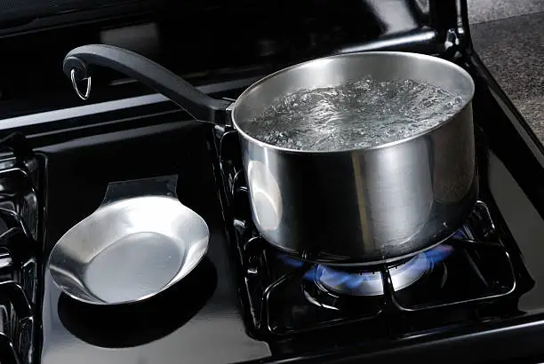 Photo of Pot of water boiling on a black natural gas stove.