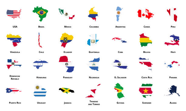 amerika-flagge-karte-pack, amerikanische land-illustration, vektor isoliert auf weißem hintergrund - map central america panama guatemala stock-grafiken, -clipart, -cartoons und -symbole