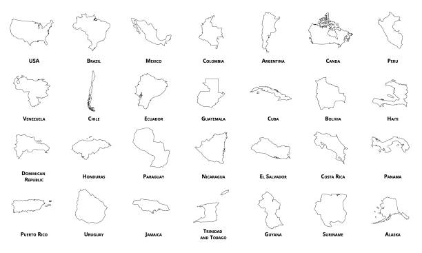 америка линия карта пакет, американская страна иллюстрация, наброски вектор изолированы на белом фоне - argentina honduras stock illustrations