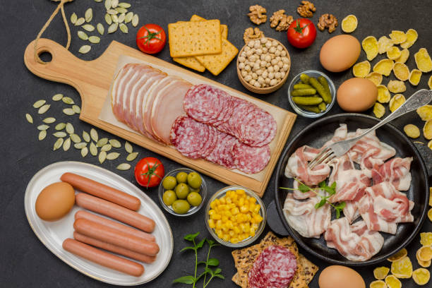 istock Bacon, sausages, cheese, vegetables, cookies, cereal yogur 1244887245