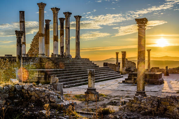 antica città di volubilis - ancient column past arch foto e immagini stock