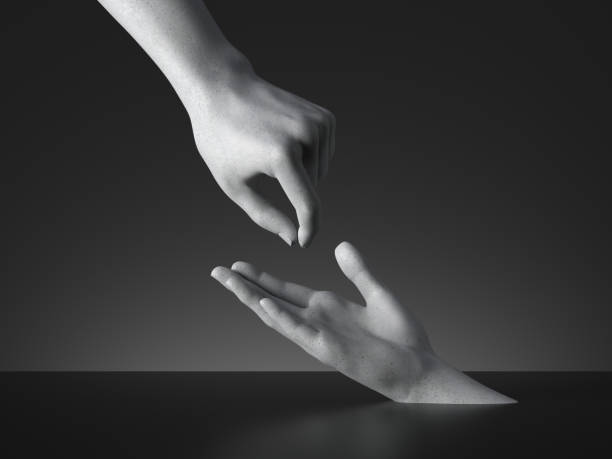 istock 3d render, sign language, mannequin giving and taking hands isolated on black background. Beggar metaphor. Modern minimal concept, simple clean design. Concrete sculpture. Artificial human limb 1244901438