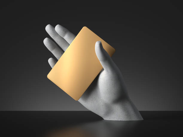 3d render, mannequin hand holding blank golden card or ticket isolated on black background. Payment metaphor. Modern minimal concept, simple clean design. Concrete sculpture. Artificial human limb