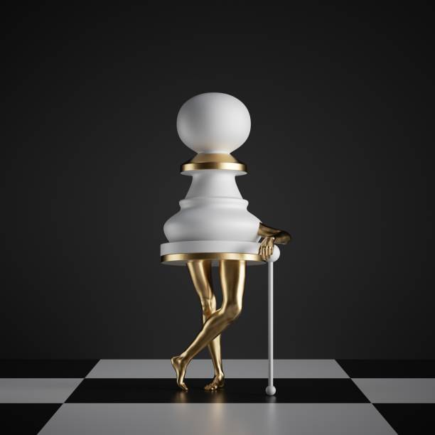 3d render, surreal concept, chess game piece, white pawn, object with golden slim legs, classic checkered floor, abstract modern minimal design