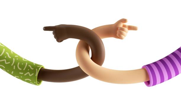 istock 3d render abstract modern interracial relationship concept, cartoon twisted elastic caucasian and african hands, pointing fingers. Surrealistic clip art isolated on white background 1244905063