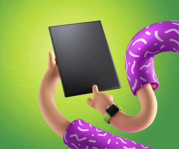 istock 3d render abstract modern wireless technology concept, cartoon character twisted elastic hands hold digital pad, objects isolated on bright green background. Blank gadget mockup. Surrealistic clip art 1244905597