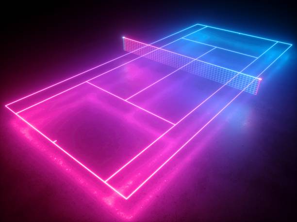 istock 3d render, neon tennis court scheme with net, virtual sport playground perspective angle view, sportive game, pink blue glowing line over black background. 1244905624