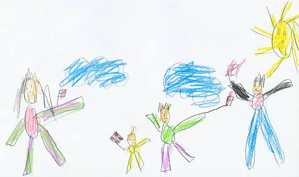 Drawing of a happy family - mother and father with two children - celebrating a birthday (all waving flags). This is a real drawing made by our son, when he was 8 years old. The drawing also features a smiling sun and two clouds.