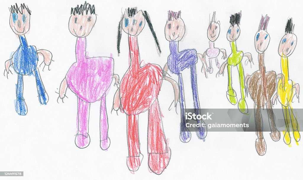 Large Family Drawing of a happy large family - mother and father with their 6 children. This is a real drawing made by our son, when he was 7 years old. Adult Stock Photo