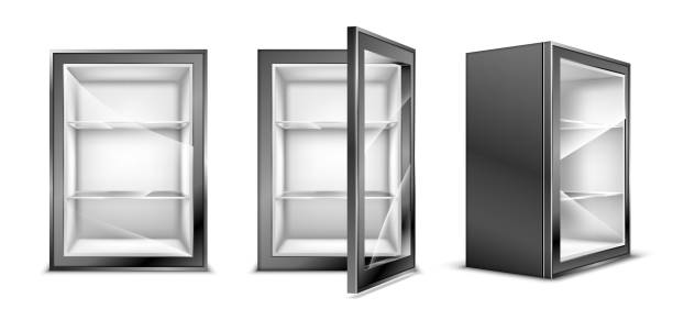 minikühlschrank für getränke, leerer grauer kühlschrank - small shelf stock-grafiken, -clipart, -cartoons und -symbole