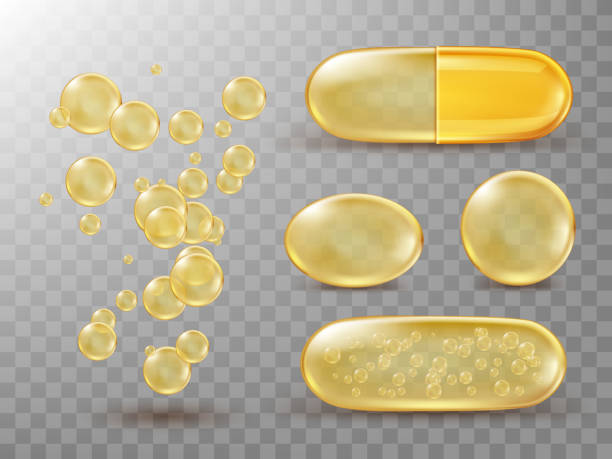 illustrazioni stock, clip art, cartoni animati e icone di tendenza di capsule con olio, oro rotondo e pillole ovali. - gel capsules