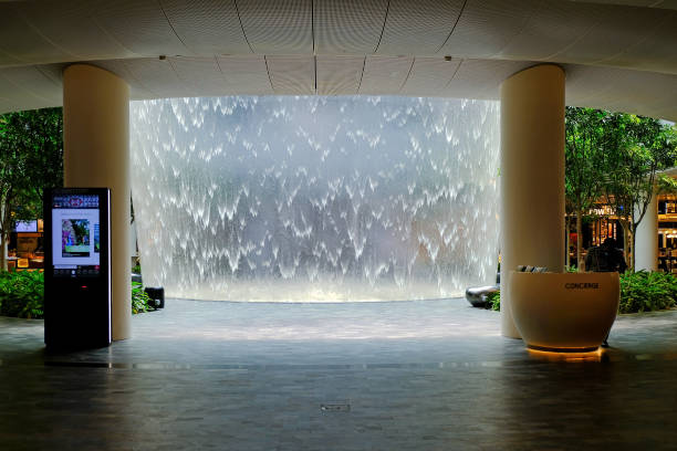 Singapore Jun2020 Dining area at Changi Airport Jewel; Rain Vortex. Empty quiet deserted during Covid-19 coronavirus outbreak; no people travellers tourists. Advertising OOH mockup in-situ display