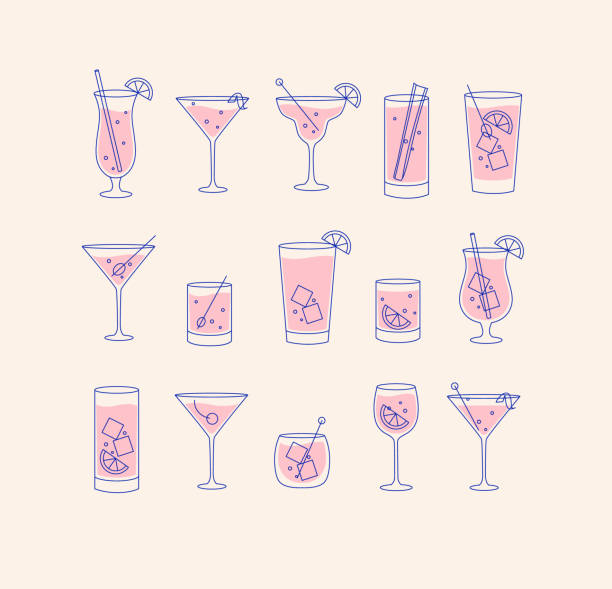 Alcohol drinks and cocktails icon flat set beige Alcohol drinks and cocktails icon set in flat line style on beige background. tequila drink illustrations stock illustrations
