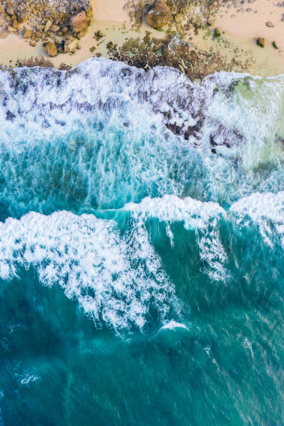 istock Big ocean waves hitting a rocky beach. View from above. 1244933229