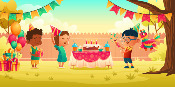 illustrazioni stock, clip art, cartoni animati e icone di tendenza di ragazza festeggia compleanno con gli amici, ricevi regalo - anniversary birthday gift party