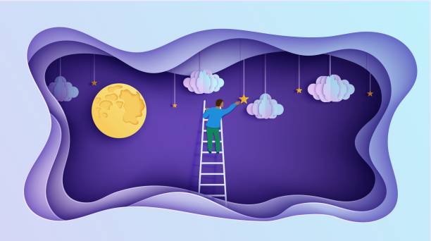 ilustrações de stock, clip art, desenhos animados e ícones de man on a ladder to pick the star above cloud and moon in paper cut style. papercut businessman climbing on ladder and trying to catch dream star. follow your dreams vector motivational poster concept - papercut