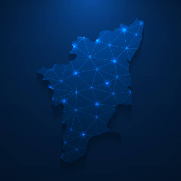 Tamil Nadu map network - Bright mesh on dark blue background Map of Tamil Nadu created with a mesh of thin bright blue lines and glowing dots, isolated on a dark blue background. Conceptual illustration of networks (communication, social, internet, ...). Vector Illustration (EPS10, well layered and grouped). Easy to edit, manipulate, resize or colorize. tamil nadu stock illustrations