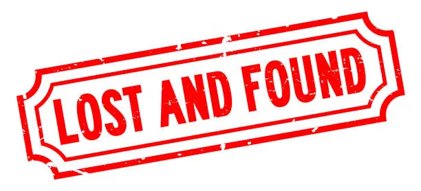 Vector illustration of Grunge red lost and found word rubber business seal stamp on white background