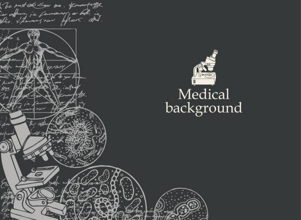 Medical backdrop with drawings and place for text Medical background with inscription, sketches, illegible entries and place for text. Hand-drawn vector illustration on the theme of medicine, biology, virology, chemistry on the black backdrop. illegible stock illustrations