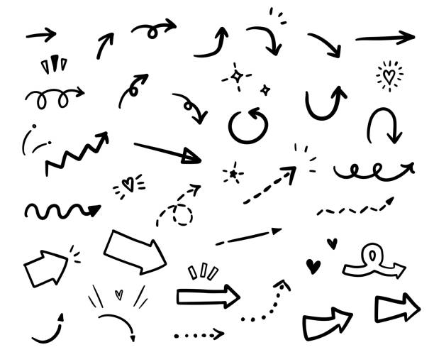 ilustraciones, imágenes clip art, dibujos animados e iconos de stock de conjunto de flechas vectoriales. - escritura a mano texto ilustraciones