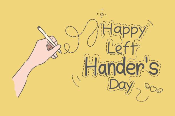 illustrations, cliparts, dessins animés et icônes de happy left hander’s day, main gauche tenir stylo et l’écriture de vecteur de texte. - gaucher