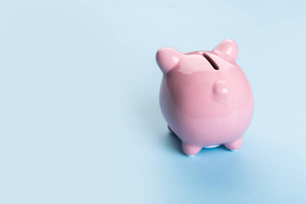 istock beautiful pink piggy bank on blue background 1244965671
