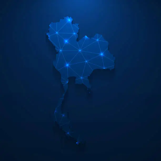 Vector illustration of Thailand map network - Bright mesh on dark blue background