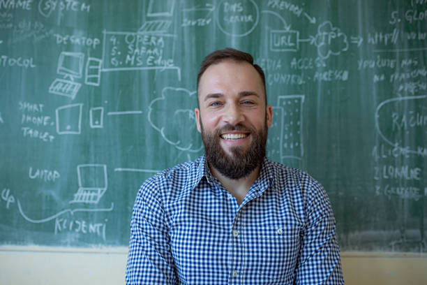 istock Happy teacher is sitting in classroom 1244972686