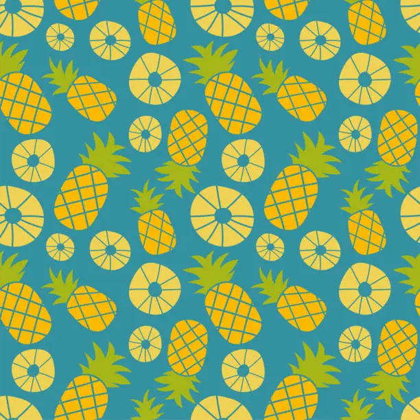 Vector illustration of Pineapple seamless pattern. Hand drawn fresh slice of ananas. Vector sketch background. Color doodle wallpaper. Exotic tropical fruit. Fashion design. Food print for kitchen tablecloth, curtain or dishcloth