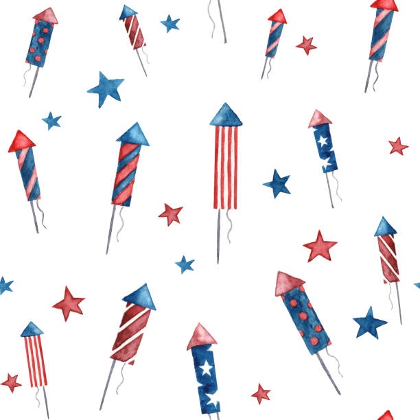 illustrazioni stock, clip art, cartoni animati e icone di tendenza di illustrazione disegnata a mano ad acquerello di un cittadino americano che tiene una bandiera usa vicino a casa sua - fourth of july honor freedom square