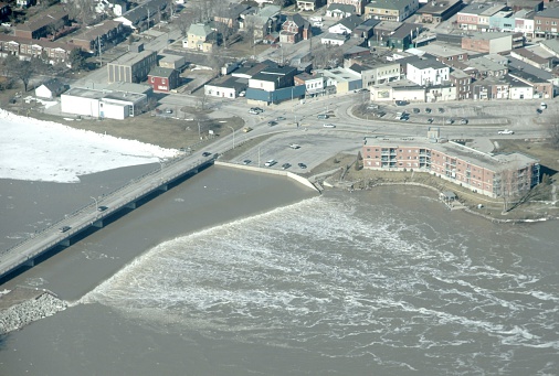aerial shot of Dunnville just after flooding and ice caused massive damage along the Grand River, Ontario