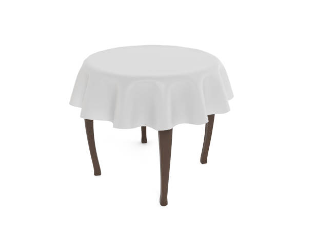 Wooden brown round table with white tablecloth. 3d rendering illustration isolated on white background