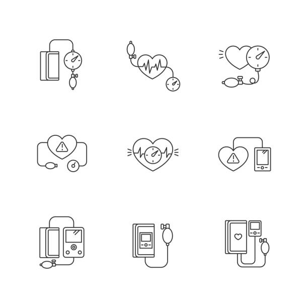 Early pregnancy symptom pixel perfect linear icons set. High blood pressure. Tonometer for heartbeat. Customizable thin line contour symbols. Isolated vector outline illustrations. Editable stroke Early pregnancy symptom pixel perfect linear icons set. High blood pressure. Tonometer for heartbeat. Customizable thin line contour symbols. Isolated vector outline illustrations. Editable stroke pressure gauge stock illustrations