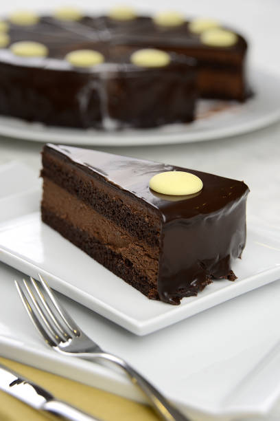 istock chocolate cake with white cream in the dish on the table 1245028889