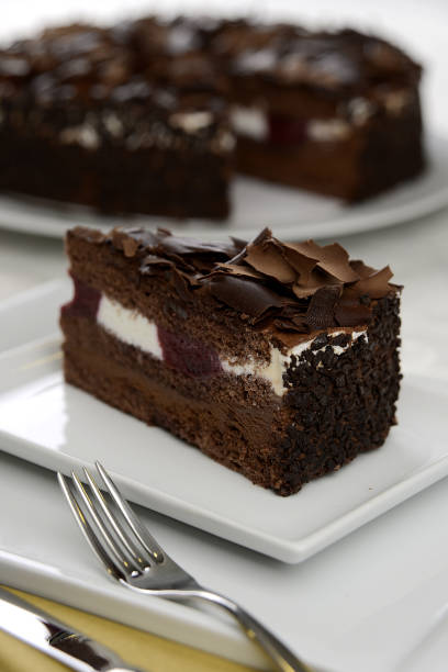 istock chocolate cake with white cream in the dish on the table 1245029201