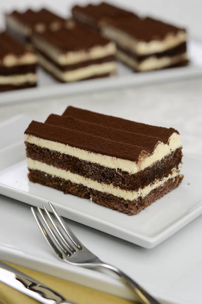 istock chocolate cake with white cream in the dish on the table 1245030044