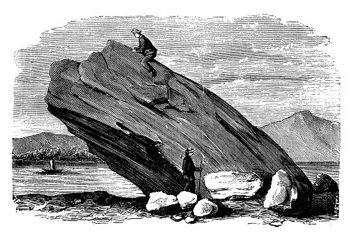 Antique illustration: Glacial erratic in Angera, Italy