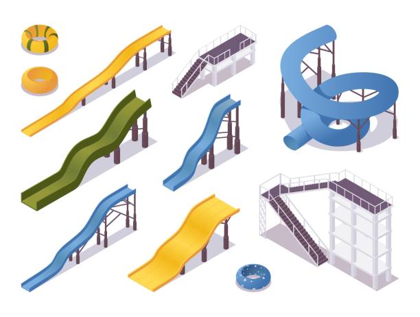 ilustrações, clipart, desenhos animados e ícones de conjunto isométrico de toboáguas e tubos, equipamento de aquapark. piscina e escadas em várias cores - flume