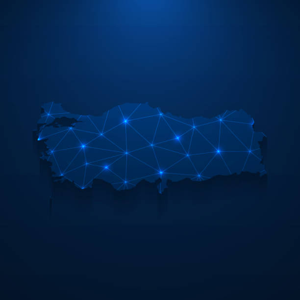 illustrazioni stock, clip art, cartoni animati e icone di tendenza di rete mappa turchia - mesh luminosa su sfondo blu scuro - turchia