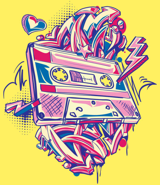 illustrazioni stock, clip art, cartoni animati e icone di tendenza di audiocassetta colorata funky e frecce graffiti - star shape audio