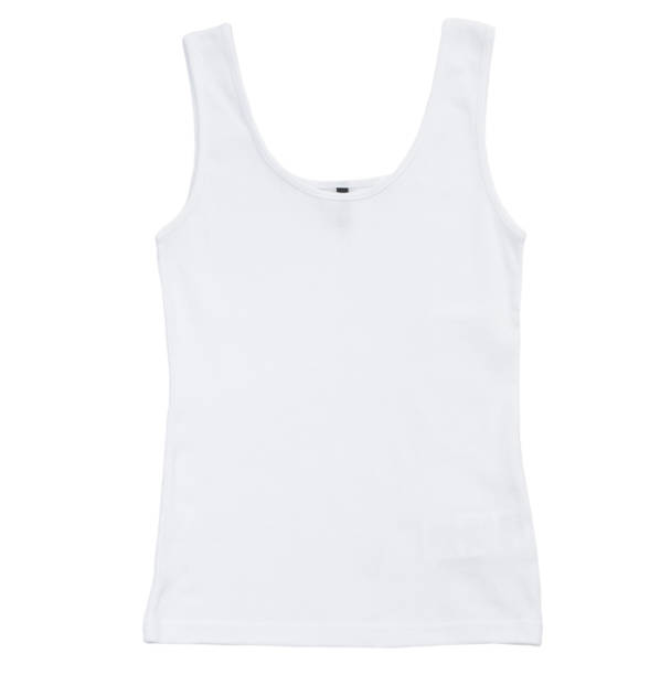 canottiera bianca isolata su sfondo bianco, plain hollow female tank top shirt, isolata su sfondo bianco - tank top foto e immagini stock