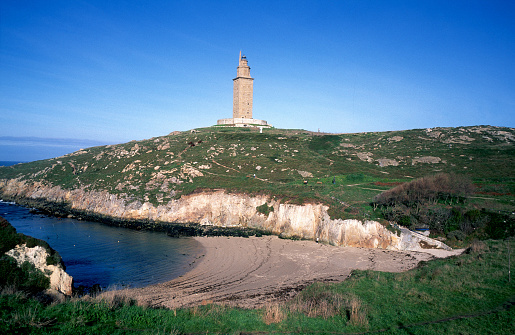 Torre de Hercules lighthouse and As Lapas beach in A Coruña a Galicia Spain