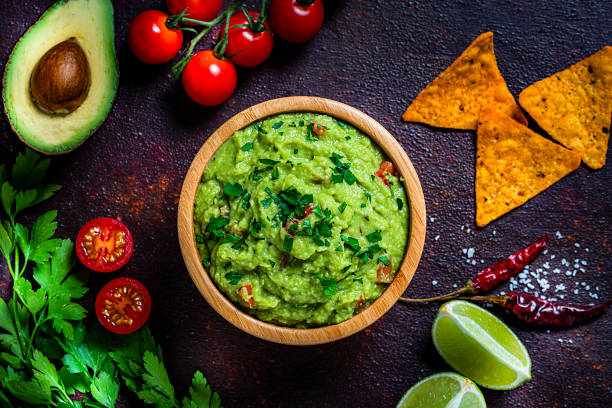 istock Guacamole and chips shot from above on dark brown table 1245074988