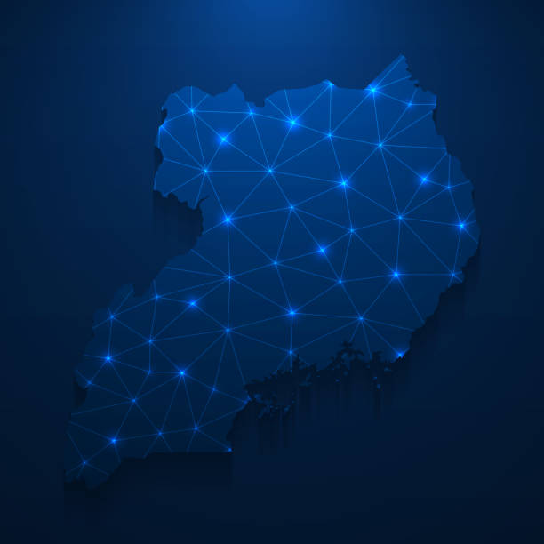 Uganda map network - Bright mesh on dark blue background Map of Uganda created with a mesh of thin bright blue lines and glowing dots, isolated on a dark blue background. Conceptual illustration of networks (communication, social, internet, ...). Vector Illustration (EPS10, well layered and grouped). Easy to edit, manipulate, resize or colorize. uganda stock illustrations