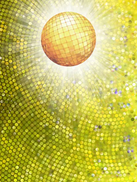 Vector illustration of Gold disco ball on burst with mosaic detail. EPS 8