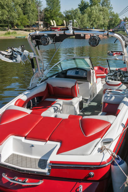 Luxury speed boat with wakeboard on a sunny day