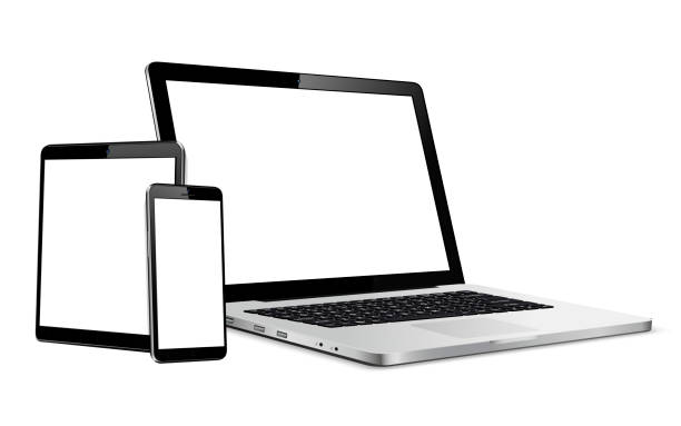 zestaw pustych ekranów z laptopem, tabletem, telefonem - laptop stock illustrations