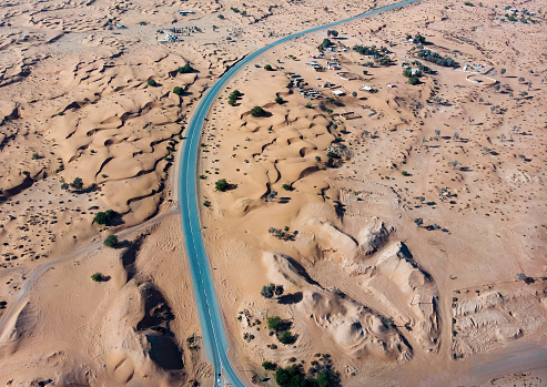 Road through the desert aerial view. Arid climate transportation abstract