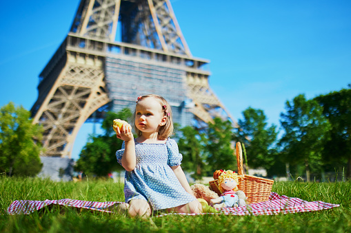 Cheerful toddler girl having picnic near the Eiffel tower in Paris, France. Happy child playing with toys in park on a summer day. Kid enjoying healthy snacks outdoors